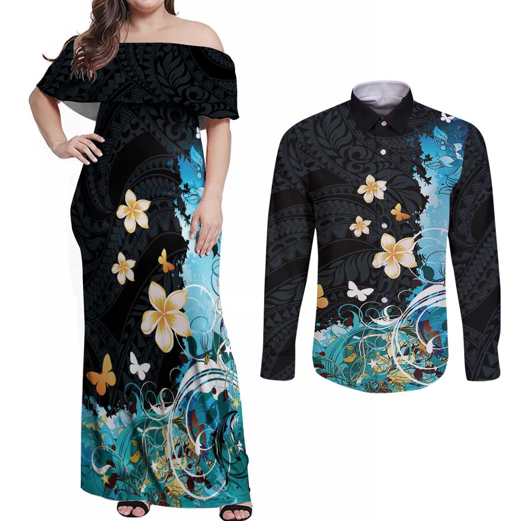 Blue Grunge Polynesian Pattern Couples Matching Off Shoulder Maxi Dress and Long Sleeve Button Shirt Plumeria Floral LT01 Blue - Polynesian Pride