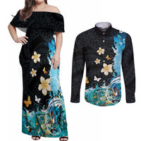 Blue Grunge Polynesian Pattern Couples Matching Off Shoulder Maxi Dress and Long Sleeve Button Shirt Plumeria Floral LT01 Blue - Polynesian Pride
