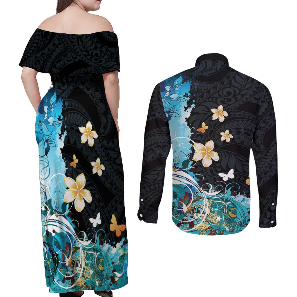 Blue Grunge Polynesian Pattern Couples Matching Off Shoulder Maxi Dress and Long Sleeve Button Shirt Plumeria Floral LT01 - Polynesian Pride