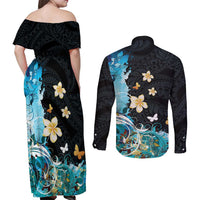 Blue Grunge Polynesian Pattern Couples Matching Off Shoulder Maxi Dress and Long Sleeve Button Shirt Plumeria Floral LT01 - Polynesian Pride