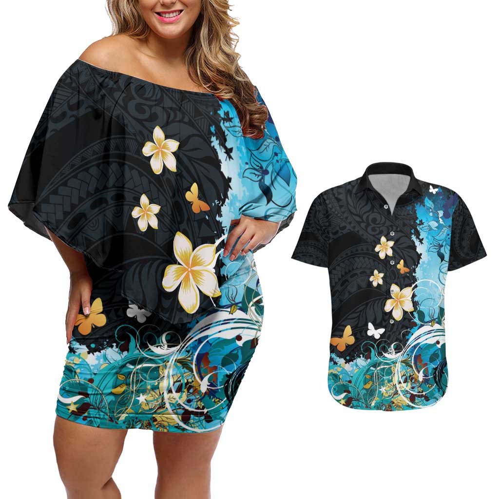 Blue Grunge Polynesian Pattern Couples Matching Off Shoulder Short Dress and Hawaiian Shirt Plumeria Floral