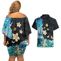 Blue Grunge Polynesian Pattern Couples Matching Off Shoulder Short Dress and Hawaiian Shirt Plumeria Floral