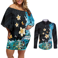 Blue Grunge Polynesian Pattern Couples Matching Off Shoulder Short Dress and Long Sleeve Button Shirt Plumeria Floral