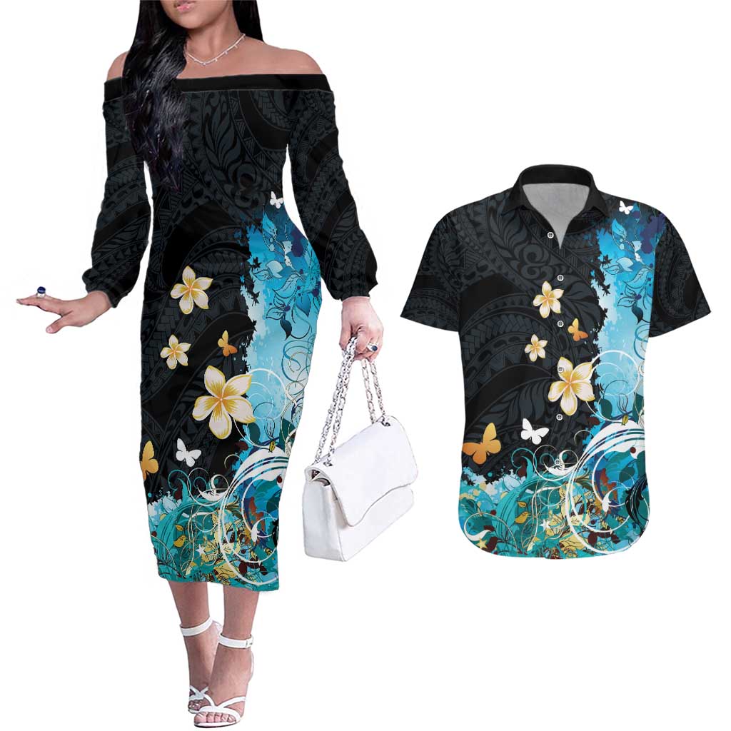 Blue Grunge Polynesian Pattern Couples Matching Off The Shoulder Long Sleeve Dress and Hawaiian Shirt Plumeria Floral