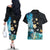 Blue Grunge Polynesian Pattern Couples Matching Off The Shoulder Long Sleeve Dress and Hawaiian Shirt Plumeria Floral