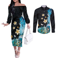Blue Grunge Polynesian Pattern Couples Matching Off The Shoulder Long Sleeve Dress and Long Sleeve Button Shirt Plumeria Floral LT01 Blue - Polynesian Pride
