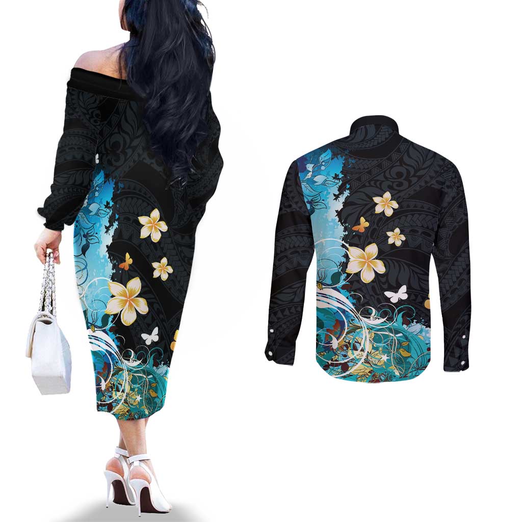 Blue Grunge Polynesian Pattern Couples Matching Off The Shoulder Long Sleeve Dress and Long Sleeve Button Shirt Plumeria Floral LT01 - Polynesian Pride