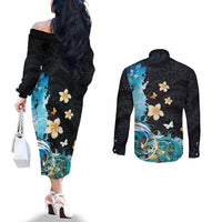 Blue Grunge Polynesian Pattern Couples Matching Off The Shoulder Long Sleeve Dress and Long Sleeve Button Shirt Plumeria Floral LT01 - Polynesian Pride