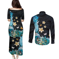Blue Grunge Polynesian Pattern Couples Matching Puletasi and Long Sleeve Button Shirt Plumeria Floral
