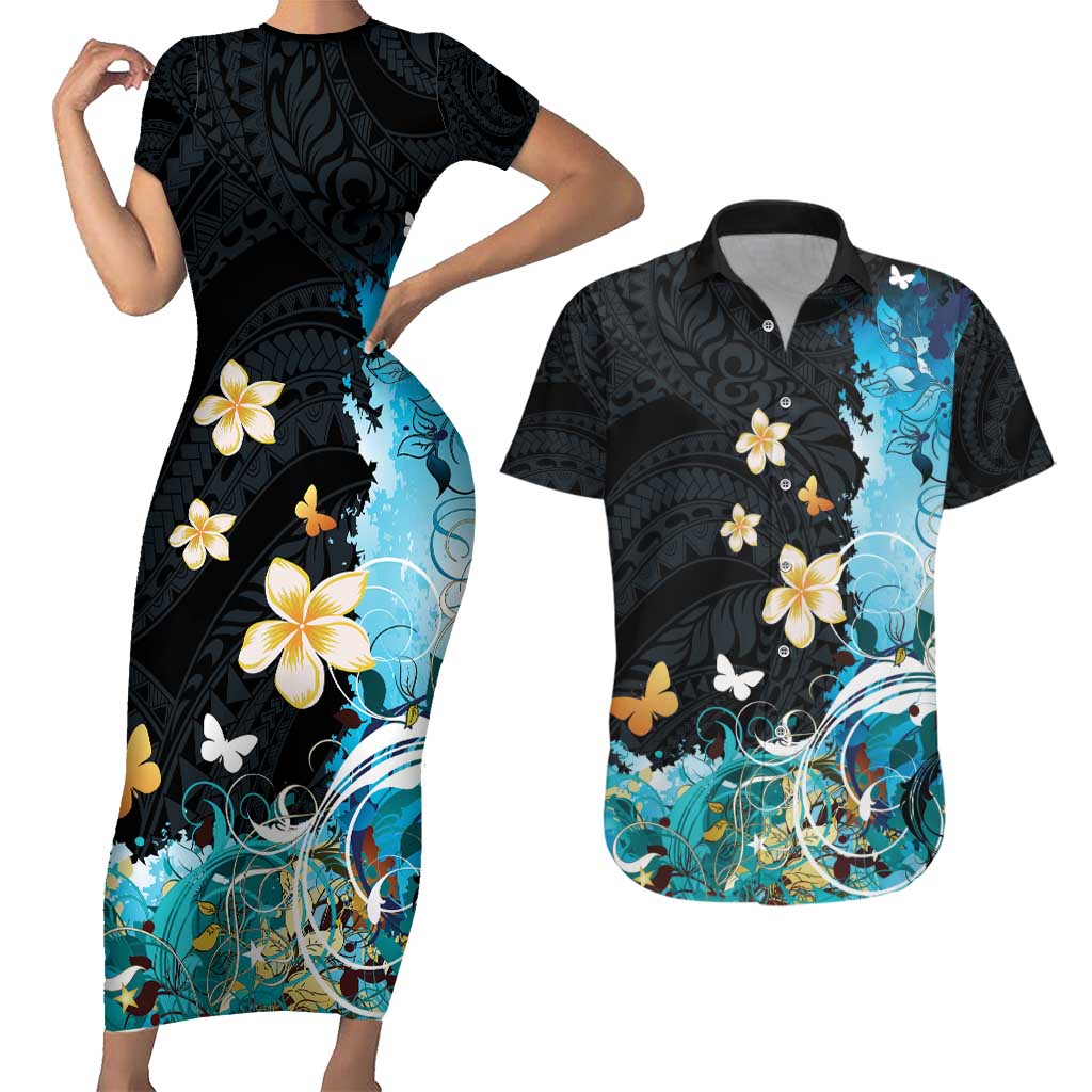 Blue Grunge Polynesian Pattern Couples Matching Short Sleeve Bodycon Dress and Hawaiian Shirt Plumeria Floral