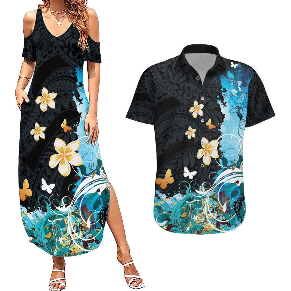 Blue Grunge Polynesian Pattern Couples Matching Summer Maxi Dress and Hawaiian Shirt Plumeria Floral