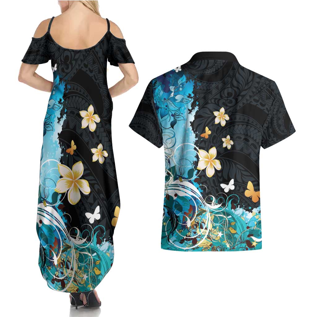 Blue Grunge Polynesian Pattern Couples Matching Summer Maxi Dress and Hawaiian Shirt Plumeria Floral