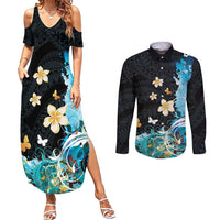 Blue Grunge Polynesian Pattern Couples Matching Summer Maxi Dress and Long Sleeve Button Shirt Plumeria Floral