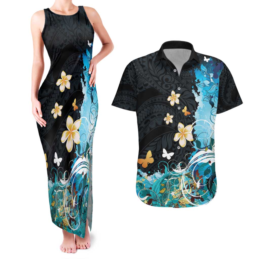 Blue Grunge Polynesian Pattern Couples Matching Tank Maxi Dress and Hawaiian Shirt Plumeria Floral