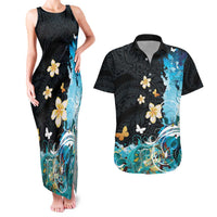 Blue Grunge Polynesian Pattern Couples Matching Tank Maxi Dress and Hawaiian Shirt Plumeria Floral