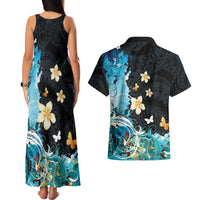 Blue Grunge Polynesian Pattern Couples Matching Tank Maxi Dress and Hawaiian Shirt Plumeria Floral