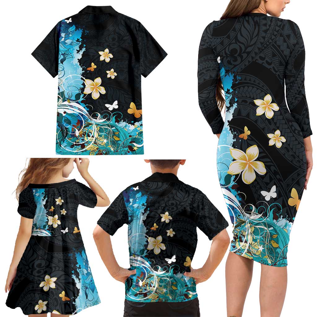 Blue Grunge Polynesian Pattern Family Matching Long Sleeve Bodycon Dress and Hawaiian Shirt Plumeria Floral