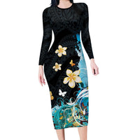 Blue Grunge Polynesian Pattern Family Matching Long Sleeve Bodycon Dress and Hawaiian Shirt Plumeria Floral