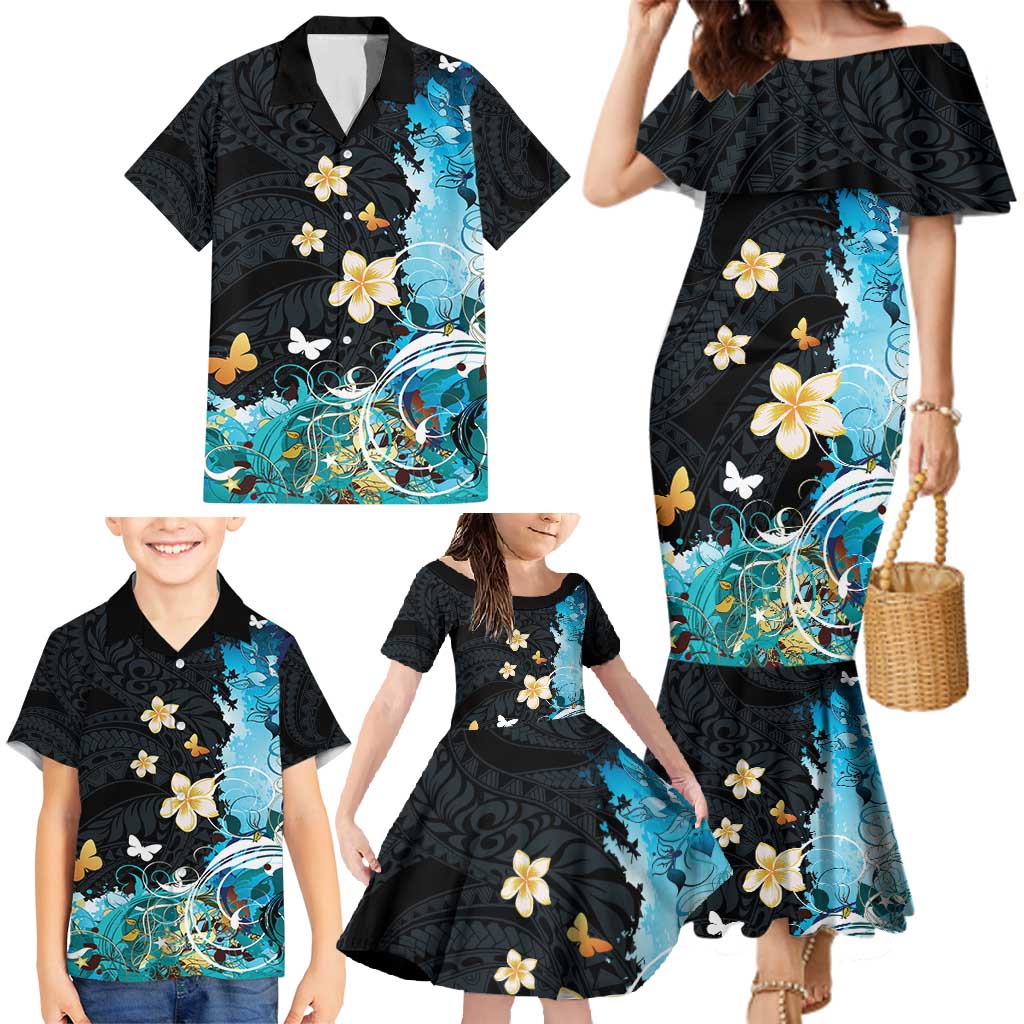 Blue Grunge Polynesian Pattern Family Matching Mermaid Dress and Hawaiian Shirt Plumeria Floral
