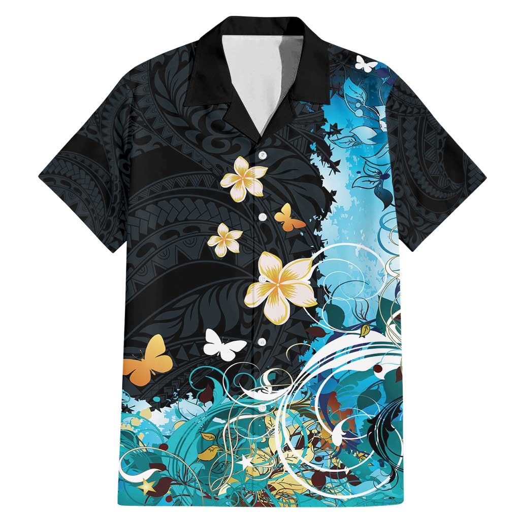 Blue Grunge Polynesian Pattern Family Matching Mermaid Dress and Hawaiian Shirt Plumeria Floral