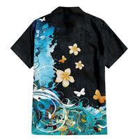 Blue Grunge Polynesian Pattern Family Matching Mermaid Dress and Hawaiian Shirt Plumeria Floral