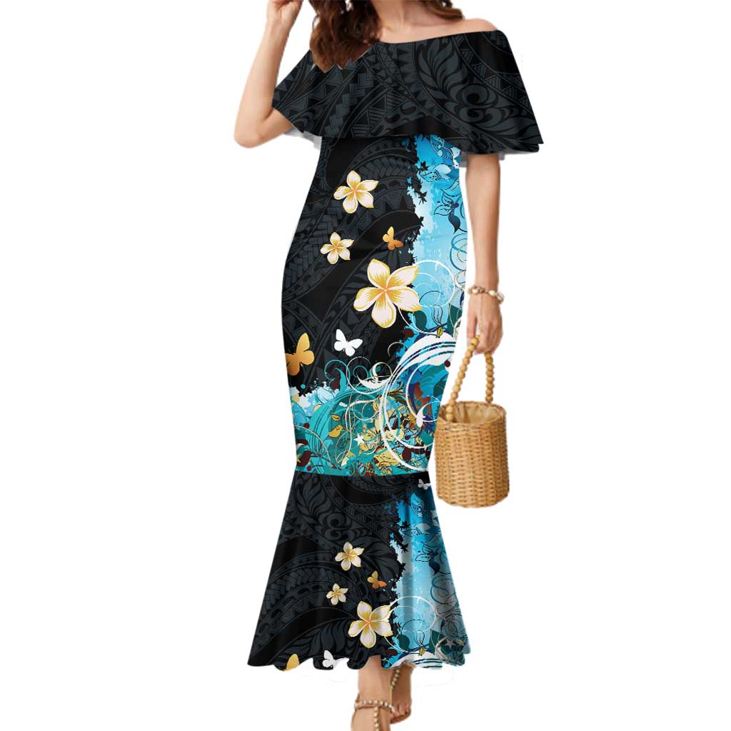 Blue Grunge Polynesian Pattern Family Matching Mermaid Dress and Hawaiian Shirt Plumeria Floral