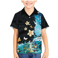 Blue Grunge Polynesian Pattern Family Matching Mermaid Dress and Hawaiian Shirt Plumeria Floral