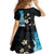 Blue Grunge Polynesian Pattern Family Matching Off The Shoulder Long Sleeve Dress and Hawaiian Shirt Plumeria Floral