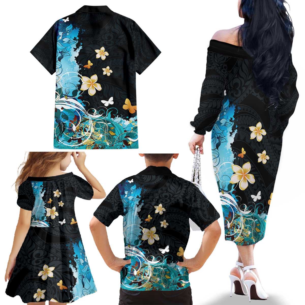 Blue Grunge Polynesian Pattern Family Matching Off The Shoulder Long Sleeve Dress and Hawaiian Shirt Plumeria Floral
