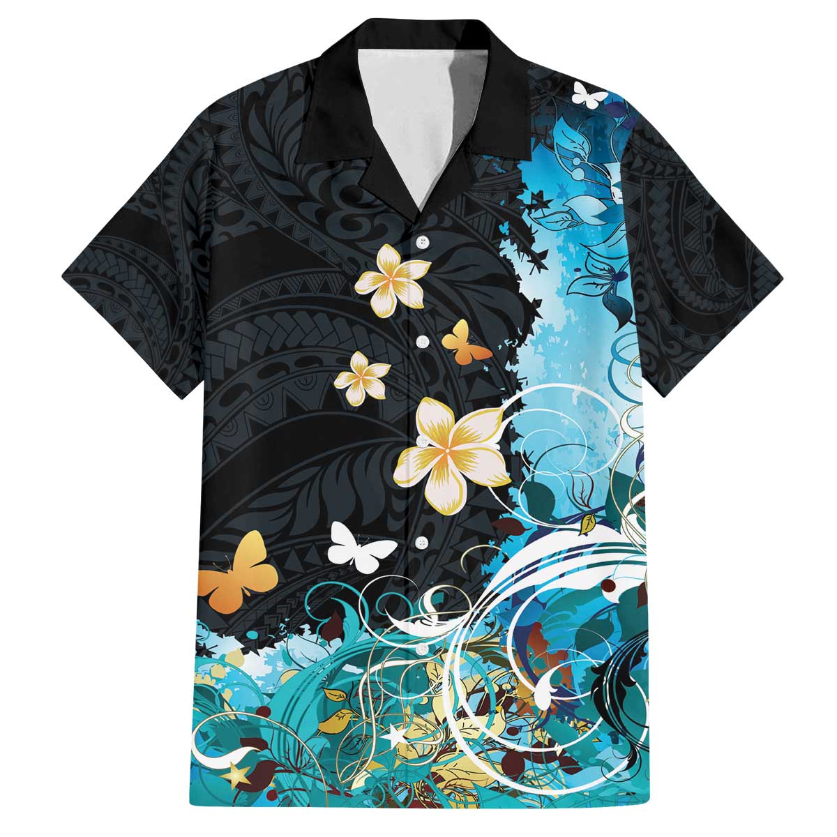 Blue Grunge Polynesian Pattern Family Matching Off The Shoulder Long Sleeve Dress and Hawaiian Shirt Plumeria Floral