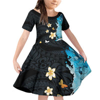 Blue Grunge Polynesian Pattern Family Matching Off Shoulder Short Dress and Hawaiian Shirt Plumeria Floral