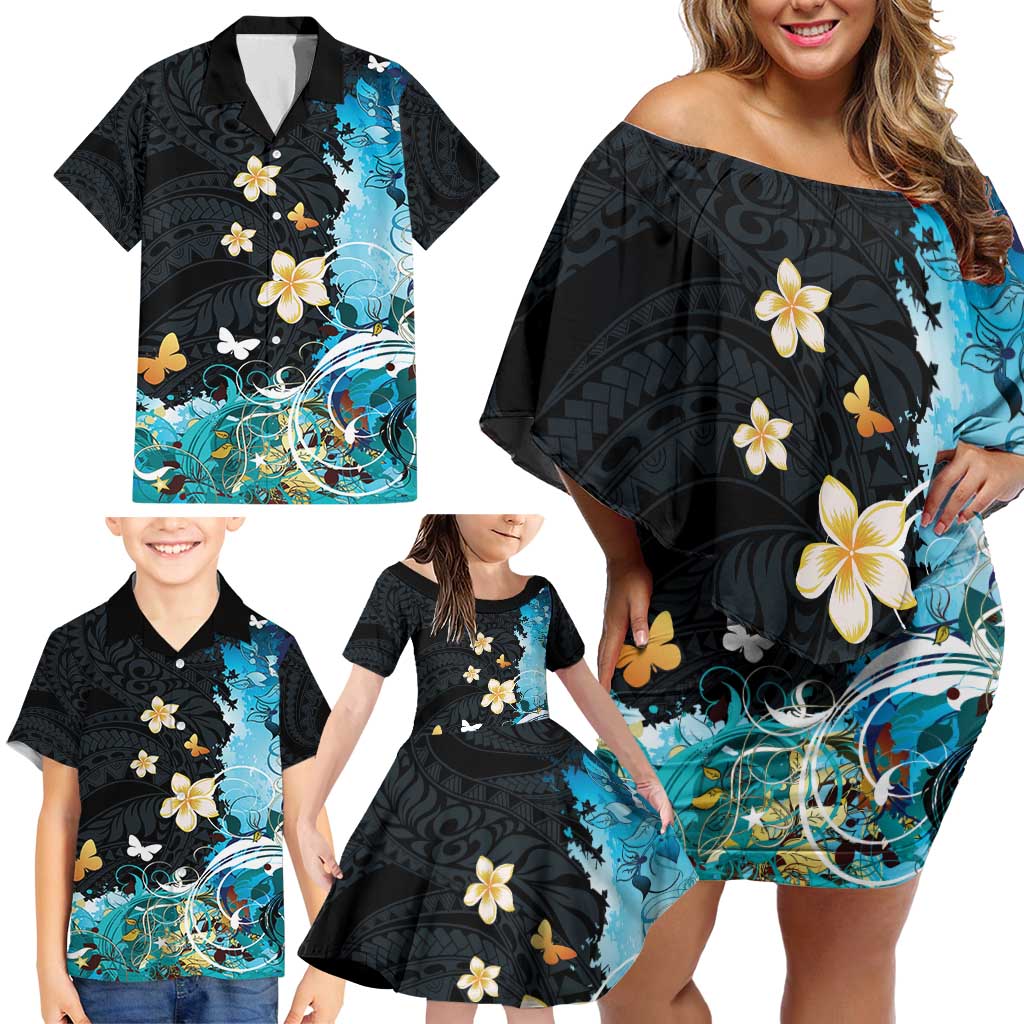 Blue Grunge Polynesian Pattern Family Matching Off Shoulder Short Dress and Hawaiian Shirt Plumeria Floral