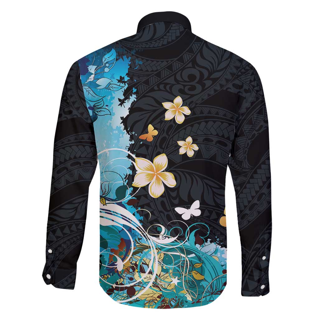 Blue Grunge Polynesian Pattern Family Matching Off Shoulder Short Dress and Hawaiian Shirt Plumeria Floral