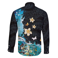 Blue Grunge Polynesian Pattern Family Matching Off Shoulder Short Dress and Hawaiian Shirt Plumeria Floral