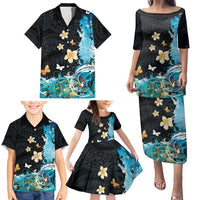 Blue Grunge Polynesian Pattern Family Matching Puletasi and Hawaiian Shirt Plumeria Floral LT01 - Polynesian Pride