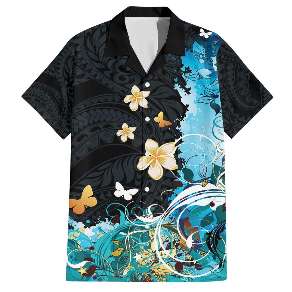 Blue Grunge Polynesian Pattern Family Matching Puletasi and Hawaiian Shirt Plumeria Floral LT01 Dad's Shirt - Short Sleeve Blue - Polynesian Pride