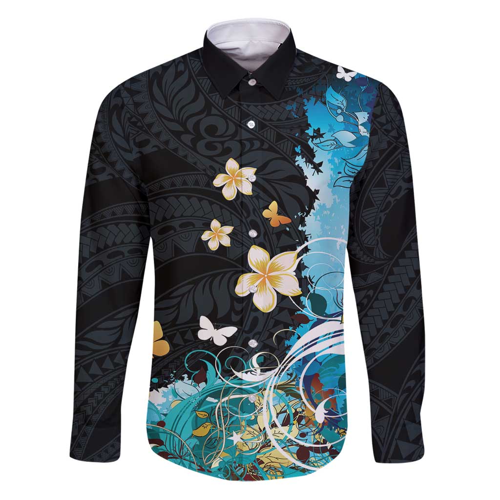 Blue Grunge Polynesian Pattern Family Matching Puletasi and Hawaiian Shirt Plumeria Floral LT01 Dad's Shirt - Long Sleeve Blue - Polynesian Pride