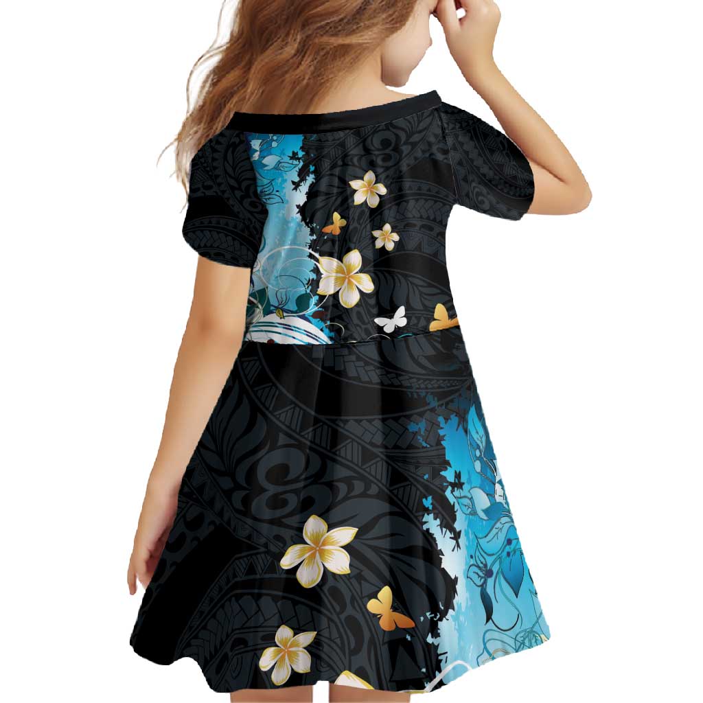 Blue Grunge Polynesian Pattern Family Matching Short Sleeve Bodycon Dress and Hawaiian Shirt Plumeria Floral