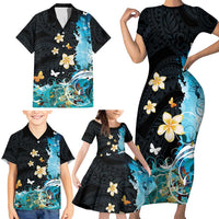 Blue Grunge Polynesian Pattern Family Matching Short Sleeve Bodycon Dress and Hawaiian Shirt Plumeria Floral