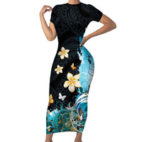 Blue Grunge Polynesian Pattern Family Matching Short Sleeve Bodycon Dress and Hawaiian Shirt Plumeria Floral