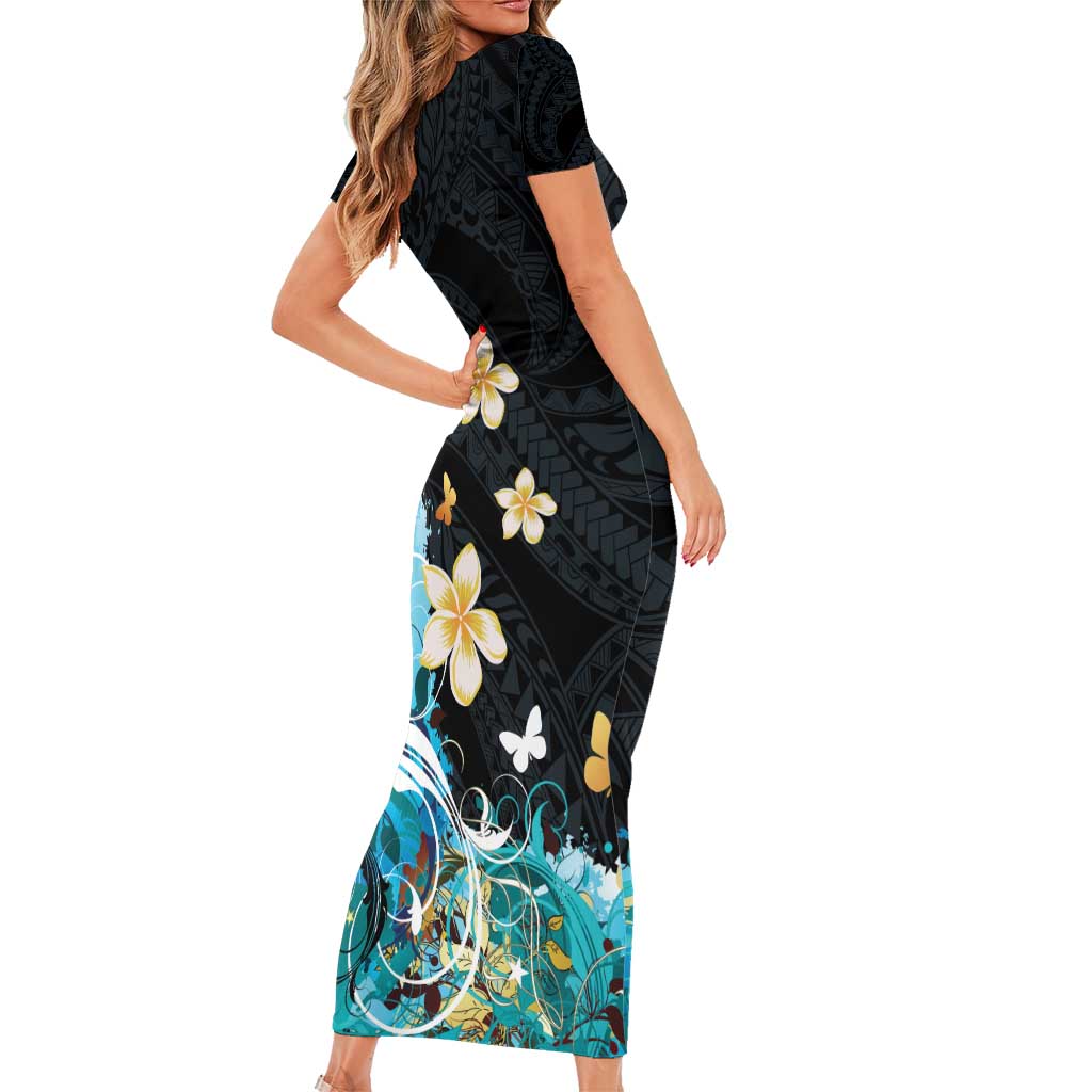 Blue Grunge Polynesian Pattern Family Matching Short Sleeve Bodycon Dress and Hawaiian Shirt Plumeria Floral