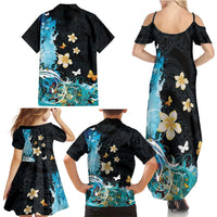 Blue Grunge Polynesian Pattern Family Matching Summer Maxi Dress and Hawaiian Shirt Plumeria Floral