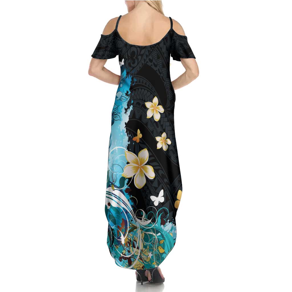 Blue Grunge Polynesian Pattern Family Matching Summer Maxi Dress and Hawaiian Shirt Plumeria Floral