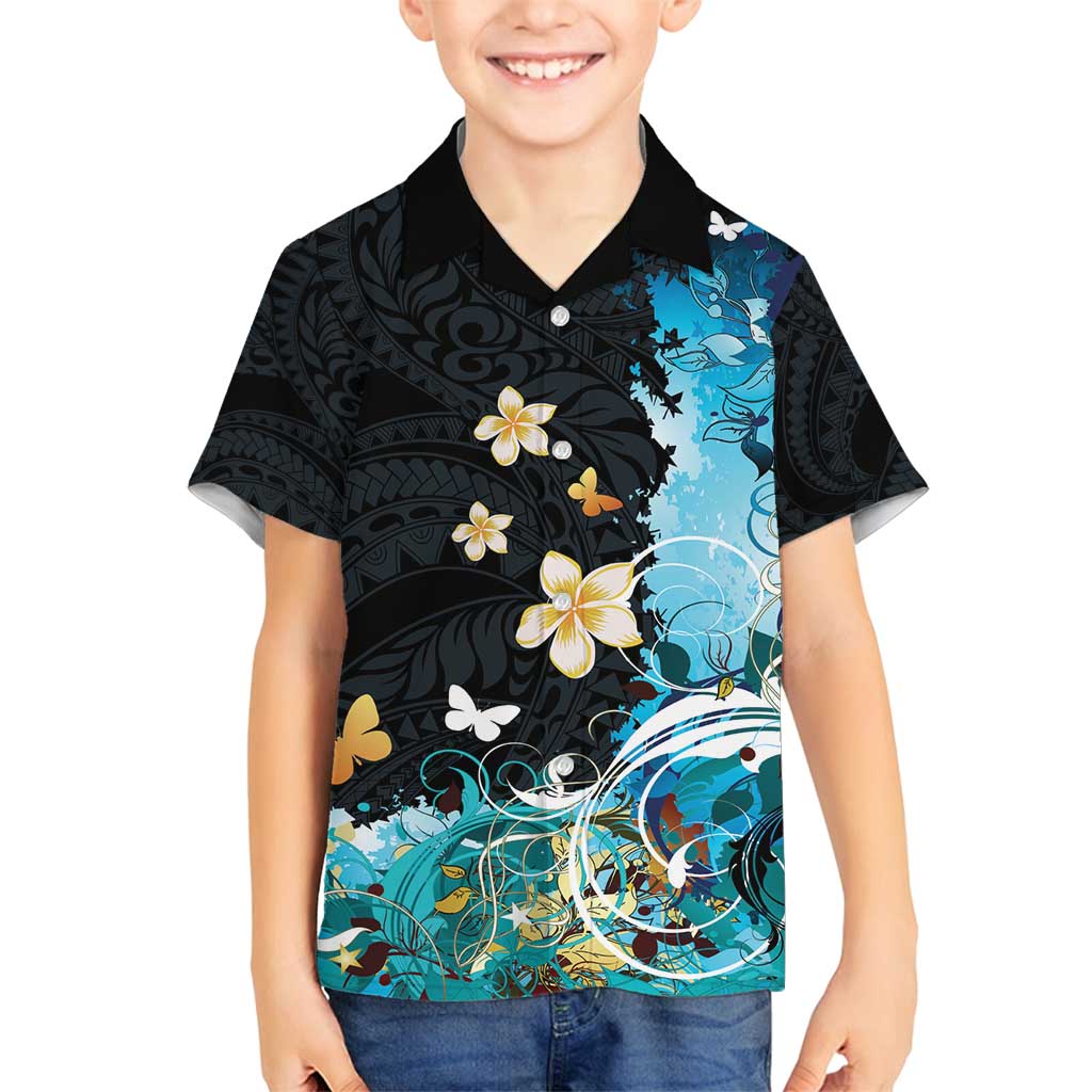 Blue Grunge Polynesian Pattern Family Matching Summer Maxi Dress and Hawaiian Shirt Plumeria Floral