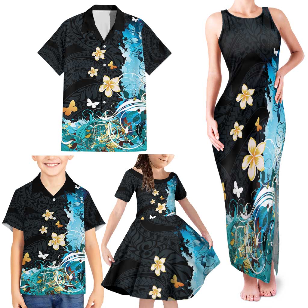 Blue Grunge Polynesian Pattern Family Matching Tank Maxi Dress and Hawaiian Shirt Plumeria Floral
