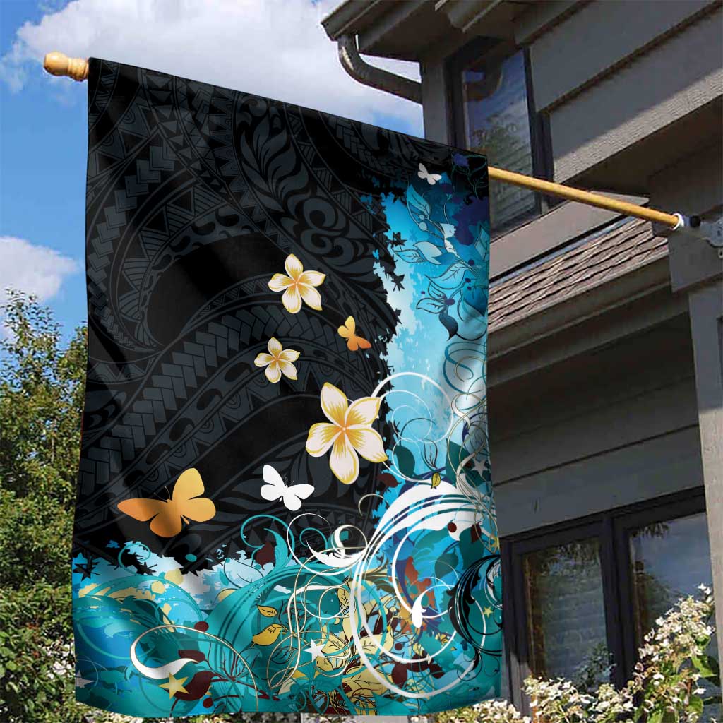 Blue Grunge Polynesian Pattern Garden Flag Plumeria Floral