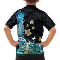 Blue Grunge Polynesian Pattern Hawaiian Shirt Plumeria Floral