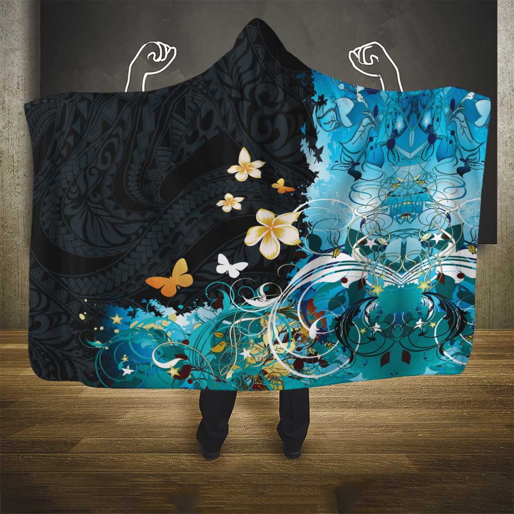 Blue Grunge Polynesian Pattern Hooded Blanket Plumeria Floral