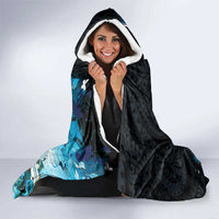 Blue Grunge Polynesian Pattern Hooded Blanket Plumeria Floral