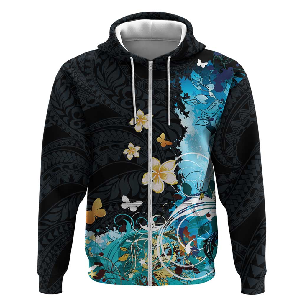 Blue Grunge Polynesian Pattern Hoodie Plumeria Floral